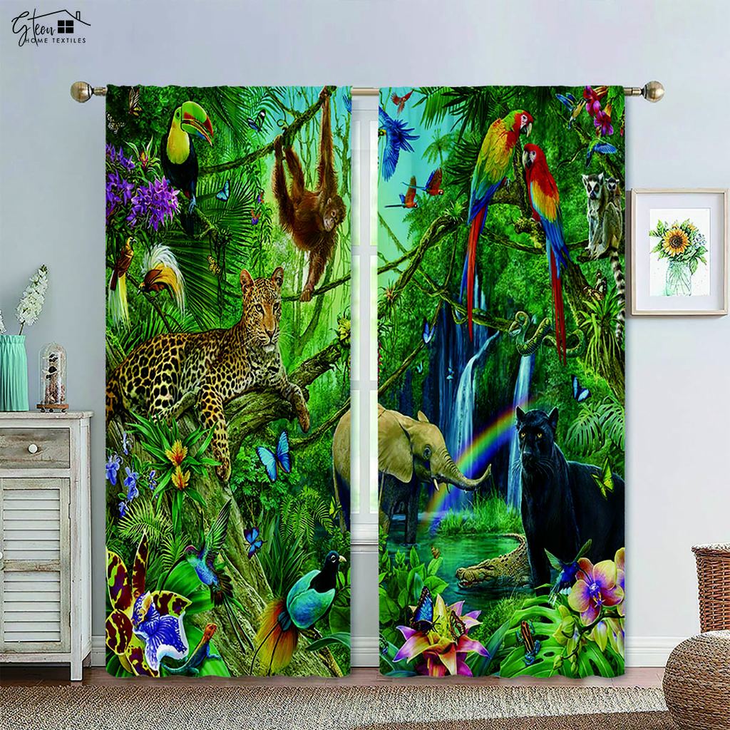 Cartoon Animal Curtains Pet Cat Dog Lion Leopard Elephant Giant Panda Fox Monkey Rabbit Penguin Whale Children's Printed Curtain