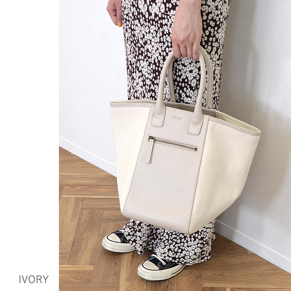 Swing Plus Leather Tote Genuine [SWINGPLUS] Bag, Handbag, Leather, Cotton, Canvas, Black, Ivory, Combination, M, L, Women's (Ivory, M)