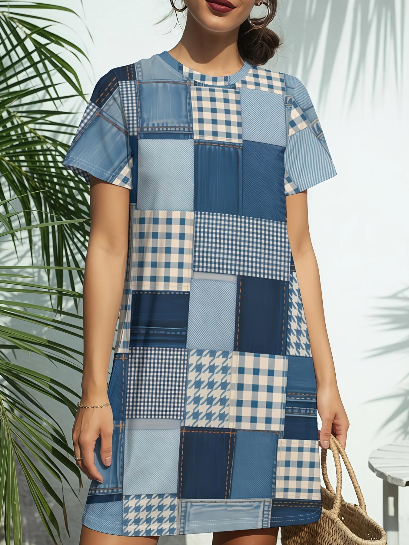 

Denim Patchwork Mix Women S New Round Neck Short Sleeve Dress Is a Stylish American Fashion Piece with Digital Prints. Perfect for Spring And Summer C 9XL дубильная кора