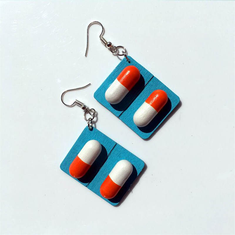 

Creative Design Cute Girly Heart Wooden Capsule Pills Funny Fun Exaggerated Ear Hook Ear Clip For Women