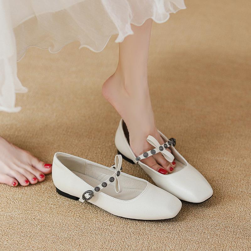 Shoes women's flat bow light mouth ballet shoes square head retro casual driving Mary Jane shoes single shoes women's summer