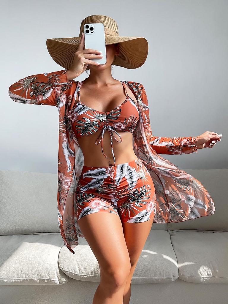 Mingyi European Mesh Blouse & Sexy Leg-Length Pants Three-Piece Swimsuit