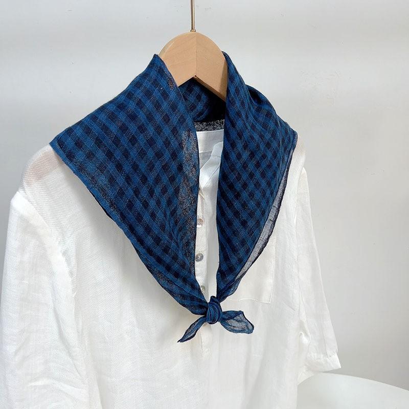 Literary And Elegant Yarn-Dyed Linen Plaid 70Cm Small Square Scarf, Neck Protection Japanese Simple And Versatile Small Scarf