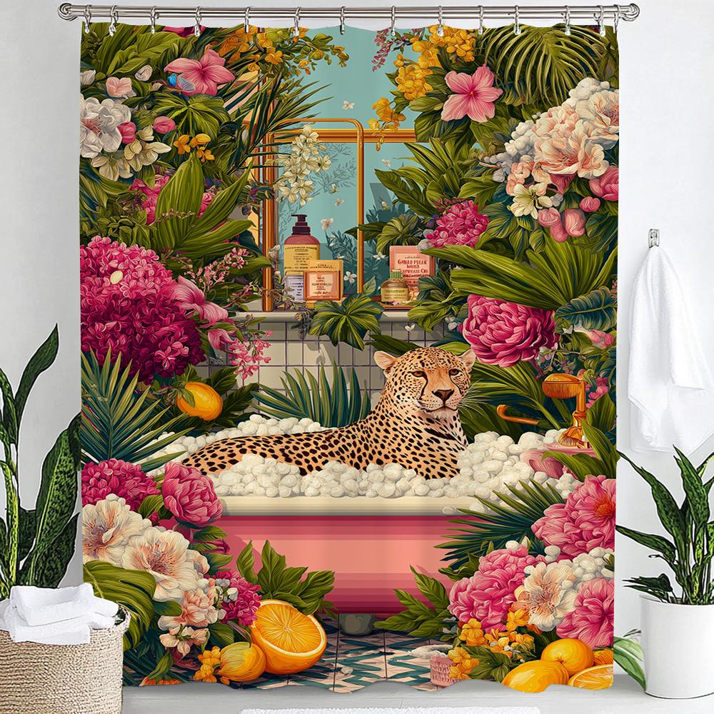 Fun Leopard Shower Curtain,Cat, Dog and Animals Bathing in Nordic Plant Bathtub Bathroom Decorative Shower Curtain with Hooks