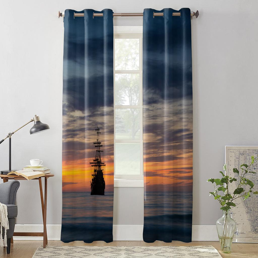 Sunset Sea Black Ship Window Curtain Modern European Style Curtains for Bedroom Living Room Backdrop Curtain