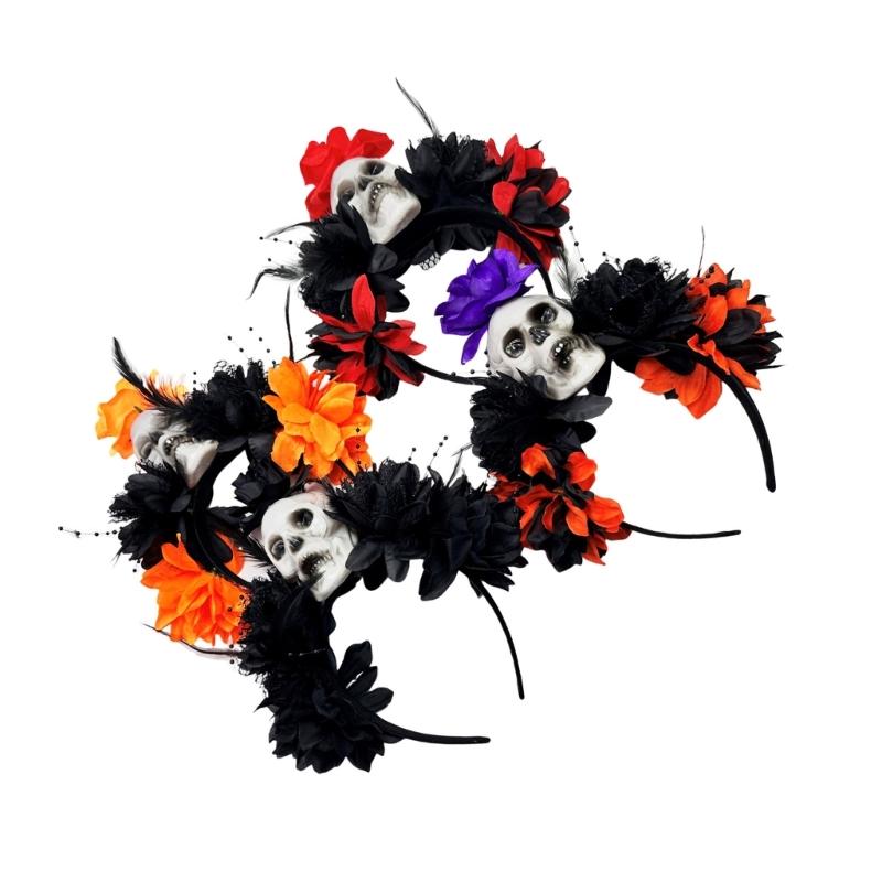 Halloween Party Skull Headpiece With Punk Flower Decors Comfortable Hairband For Adult Costume Event Gathering Headwear