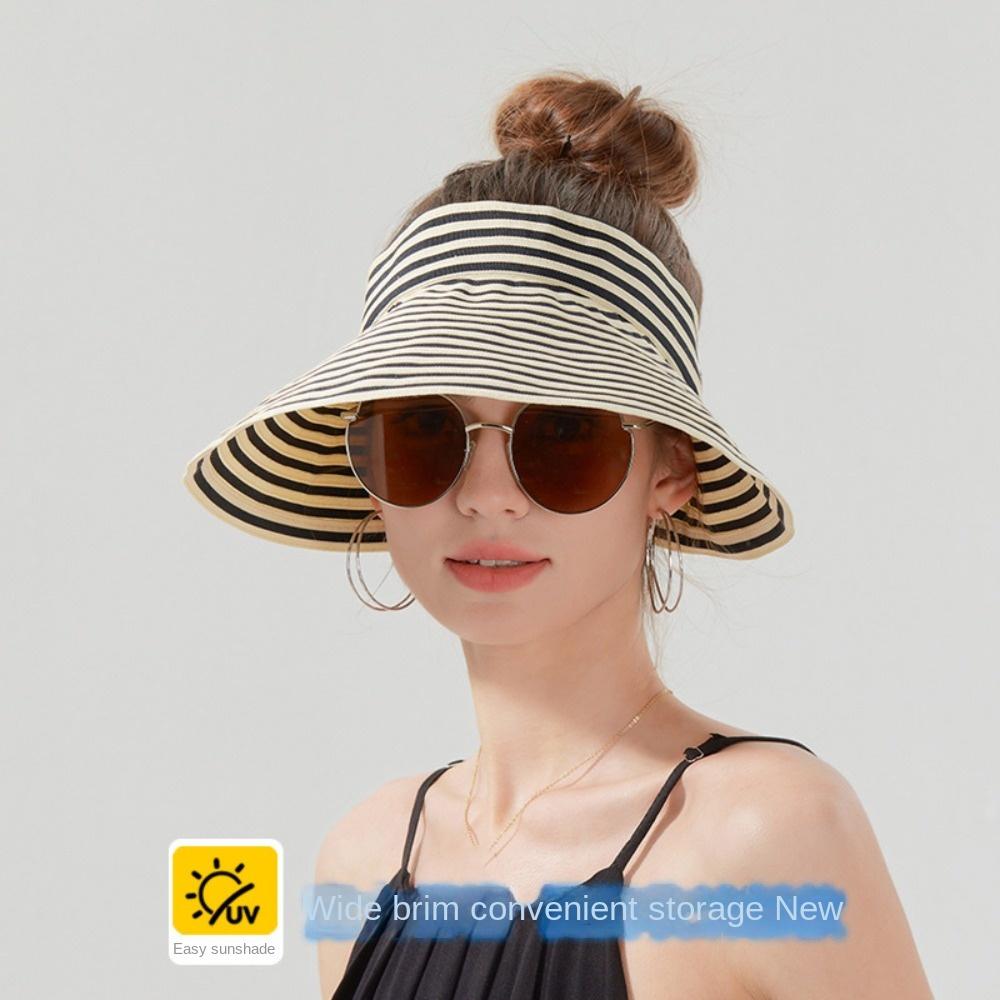 Anti-UV Stripe Empty Top Hat Wide Brim Sun Protection Cap Fashion Sunscreen Hat  Beach