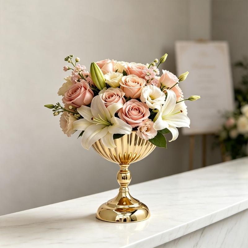 Wedding Table Flower Urn Vase, Metal Pedestal Design Compote Bowl Vase for Freshing Flowers, Artificial Flower, Dried Arrangements, Decorative Branch