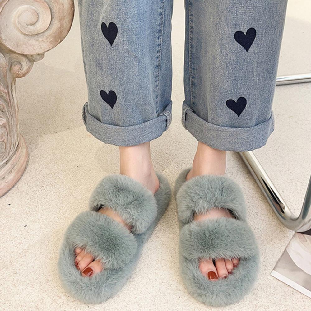 Damen Weiche Plüsch Doppelriemen Hausschuhe Fell Gemütliche Winter Pantoletten
