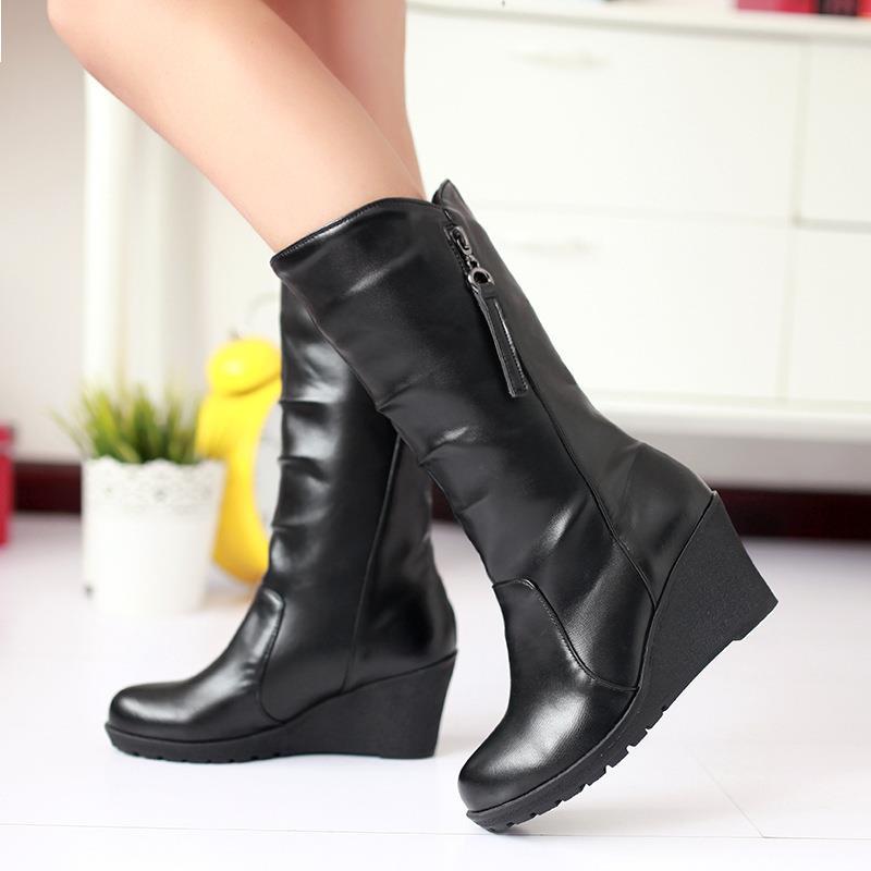 Women's Boots Mid Calf Korean Style Simplicity Casual Boot Wedges Heel Autumn and Winter Side Zipper Knight Boots Women Shoes