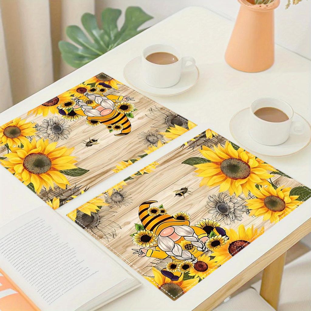 4pcs/1 Set Linen Placemats, Sunflower and Gnome Design Placemats, Table Decor, Home Decor, Party Catering Decor, Holiday Placemats, 12x18 Inch