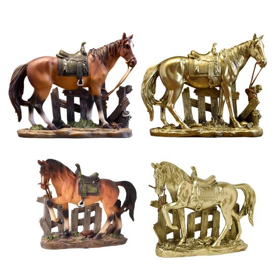 Horse Resin Figurine, Rustic Fence & Galloping Pony Statue Sculpture, Luxury Home Decor for Living Room TV Stand Entryway Wine Cabinet, Unique