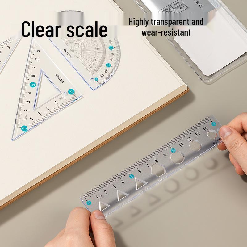 Deli VC17/VC18 Transparent 4-Piece Drafting Set: Ruler, Square, and Protractor