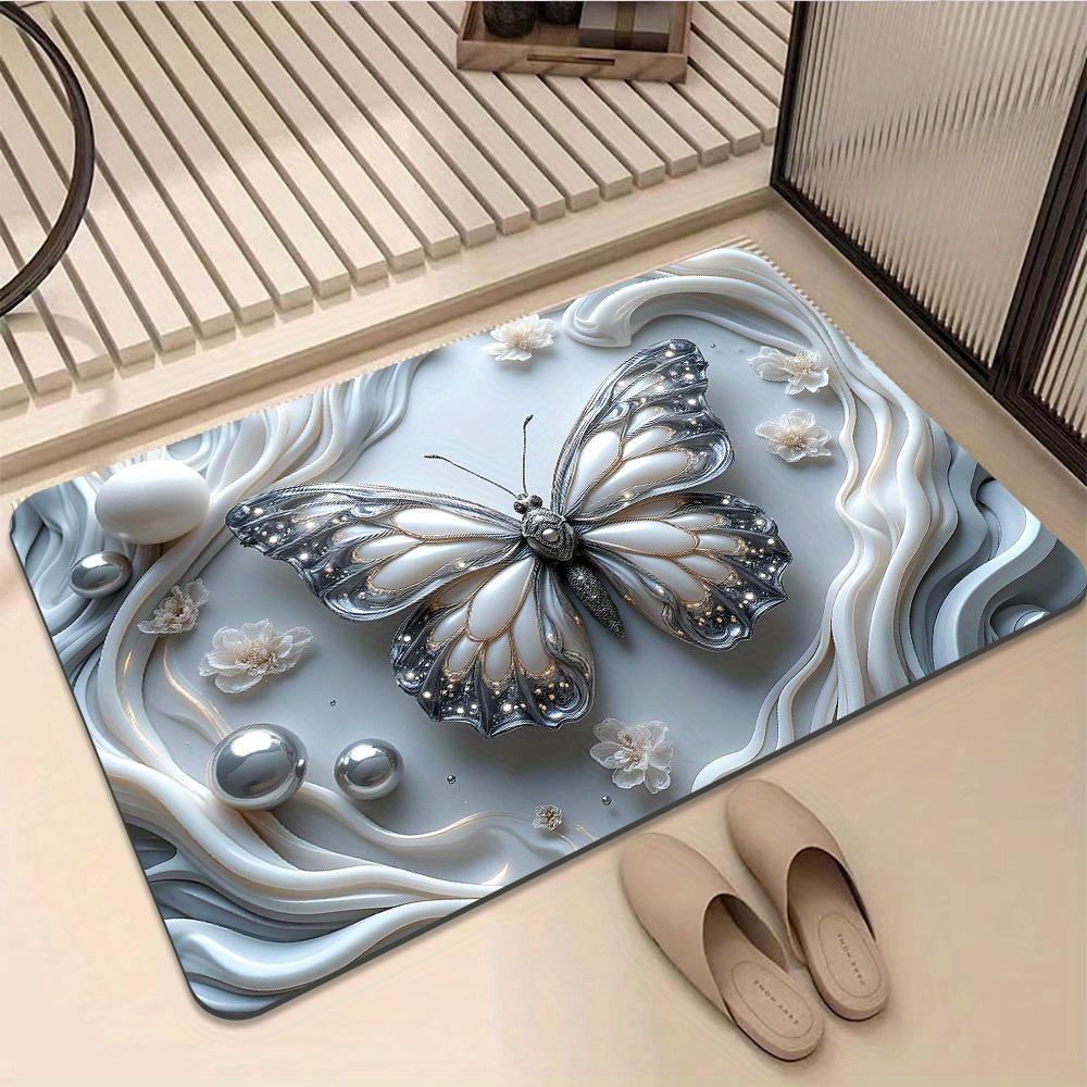 Rainbow Butterfly Bathroom Mat with Wavy Pattern Bathroom Entrance Decorative Absorbent Quick-Drying Floor Mat