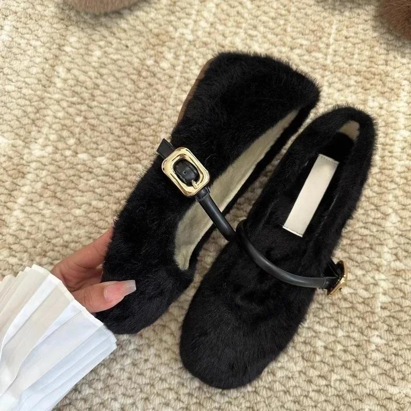 Women's Fashion Flat Cotton Shoes Autumn Winter New Pointed Soft Sole Anti-slip Single Shoes Luxury Plush Flat Mary Jane Shoes