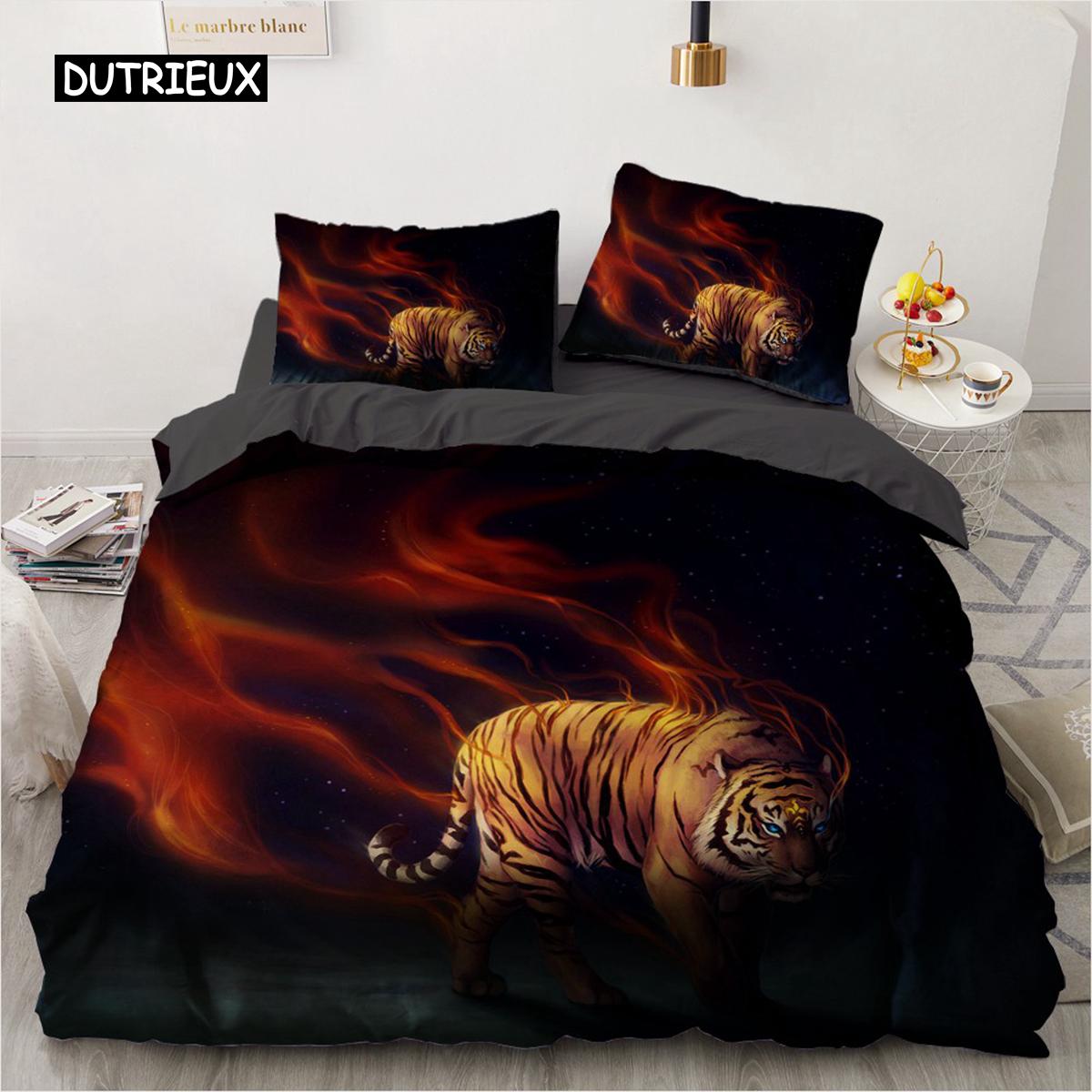 3D Beddengoedset Zwart Dekbed Quiltovertrek Set Dekbedovertrek Kussensloop King Queen Size Dier Tijger Bedrukt Polyester Quiltovertrek EU single(135x200cm)