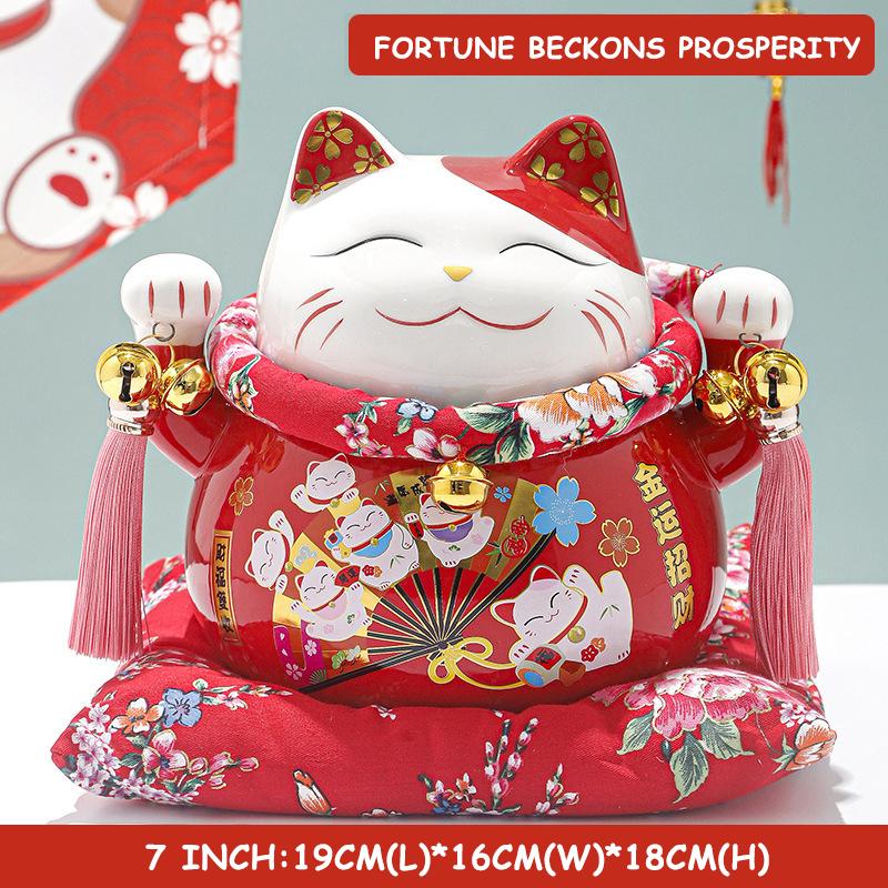 7 inch Ceramic Lucky Cat Statue Maneki Neko Porcelain Fortune Cats Figure Money Bank Feng Shui Decor Ornament Home Centerpiece