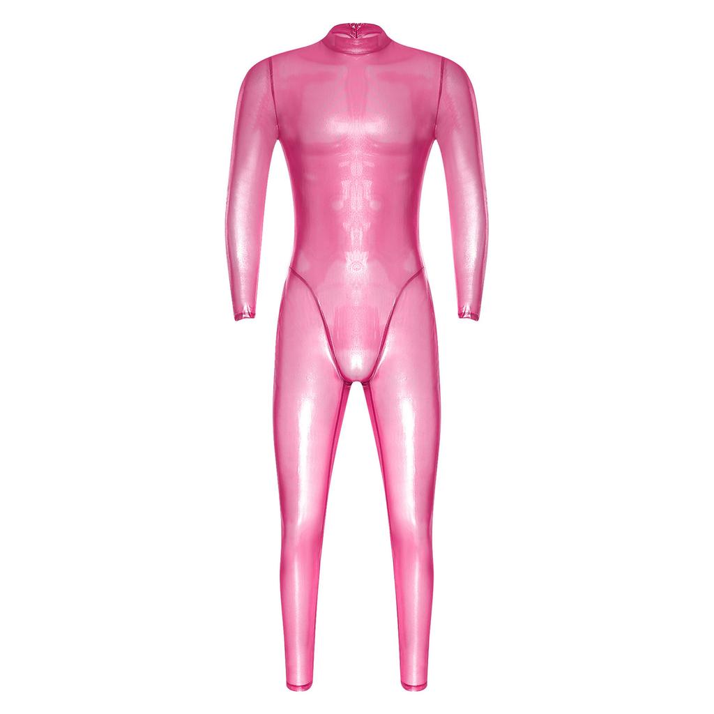 Tuta Holografica Trasparente da Uomo Manica Lunga Full Body Zip Posteriore Catsuit Clubwear