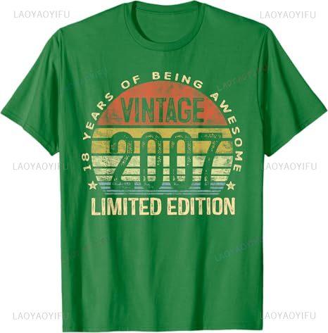 2007 Vintage T-Shirt zum 18. Geburtstag Unisex Retro Grafikdruck Lustiger Slogan Partykleidung für Erwachsene