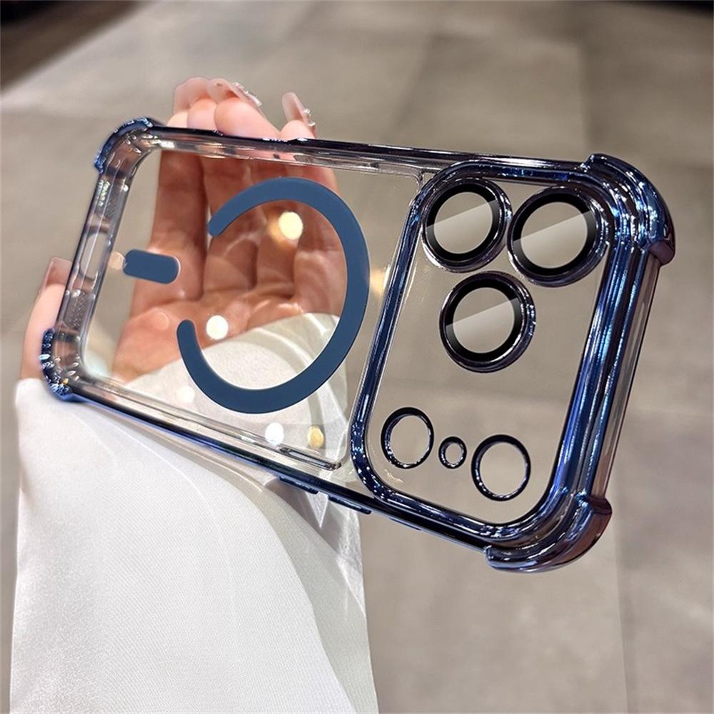 

For Magsafe Plating Armor Transparent Phone Case For iPhone 17 16 15 14 13 12 Pro Max Air Plus Full Lens Protector Acrylic Cover iPhone 14 Plus
