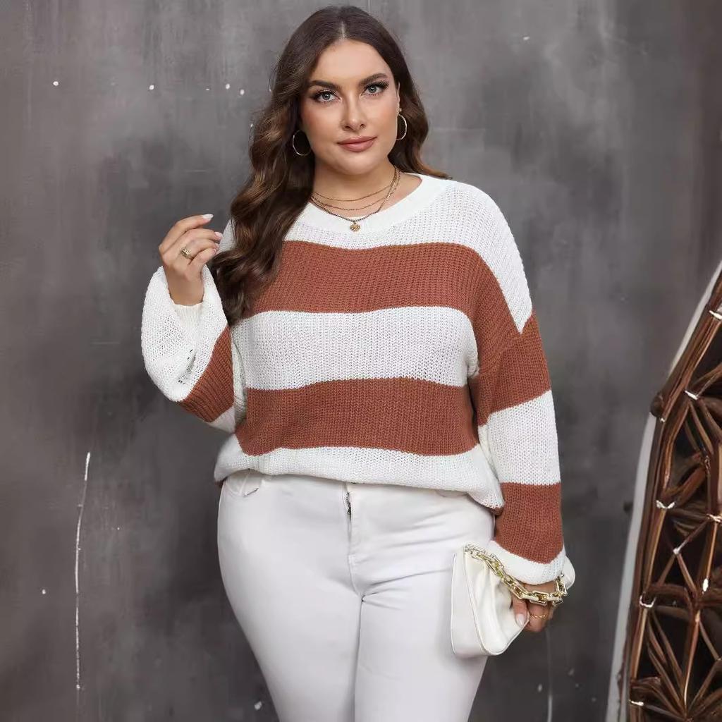 Top Women's Woven Sweater European and American Large Size Women's Clothing Style Contrast Color Striped Intercolor Pullover Sweater 200778