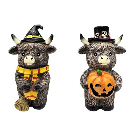 2 Pcs Highland Cow Figurine Autumn Pumpkin Maple Highland Cow Statue Resin Scottish