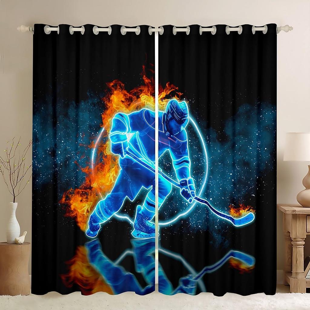 Ice Hockey Curtain Player Window Treatment Curtains Boys Teens Girls Room Winter Sports Game Event Made Of Polyester Washable