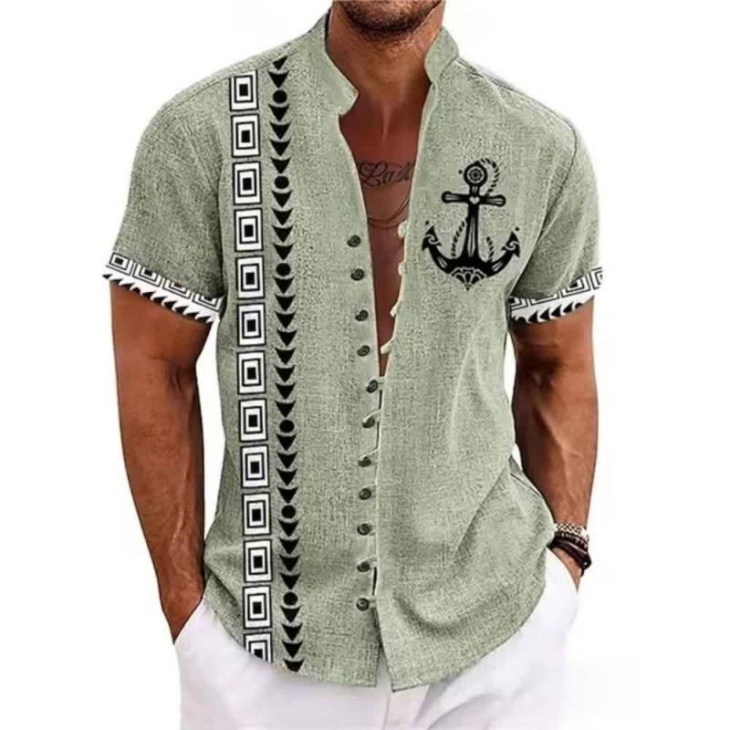 Men Ethnic Front Print Stand Collar Short Sleeve Loose Casual Linen Shirt