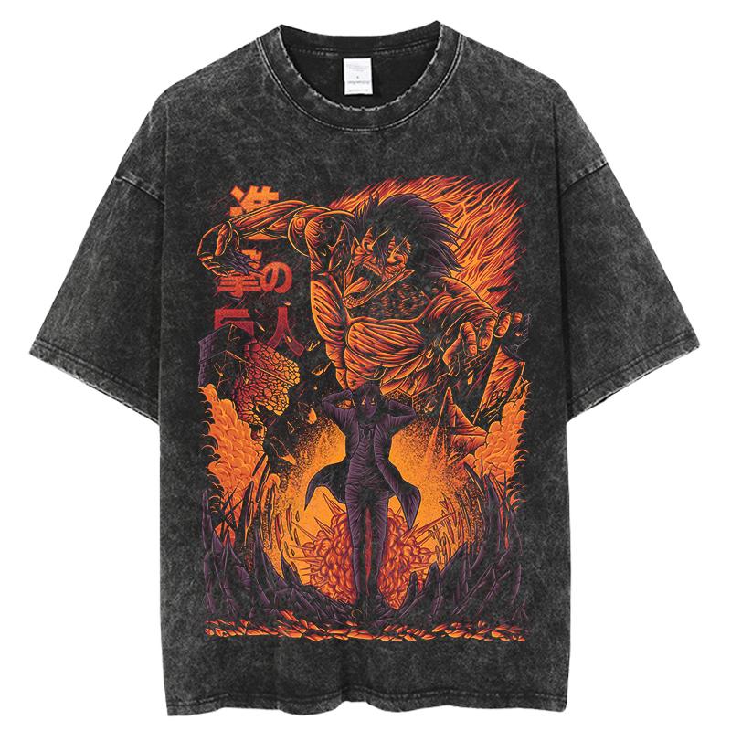 Eren Jager Attack on Titan Summer Streetwear Washed T-Shirt Anime Graphic Print TShirt Men Harajuku Cotton Oversize Vintage Tee