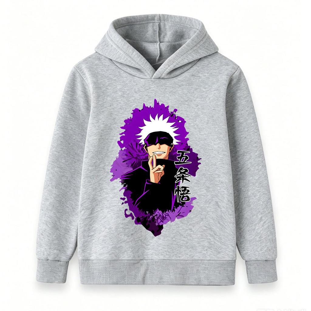 Kids Boys Girls Pullover Hoodie, Trendy Anime Character Printed Casual Hooded Sweatshirt with Purple Graphic, Comfortable Long Sleeve Top for Daily X