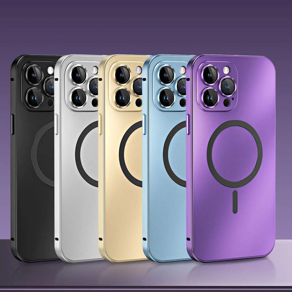 Fashion Aluminum Metal Magnetic Case For iPhone16 17 Pro Max 15Pro 14 13 12 Magsafe Wireless Charging Glass Lens Backboard Cover