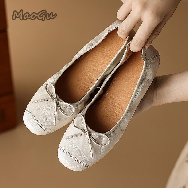 Fashion Soft Pu Leather Single Shoes for Women Shallow Bow Ballet Flats Round Toe Slip on Mid Heel Pumps Zapatos De Mujer Size 35-40