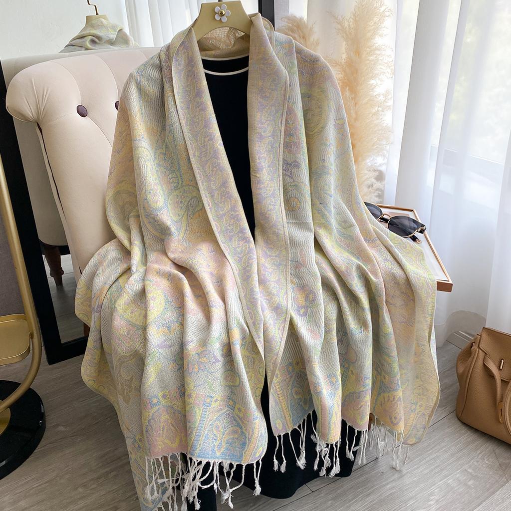 Women'S Fashion Faux Cashmere Winter Wraps Vintage Printed Tassels Thick Warm Pashmina Two-Sided Scarf Outdoor Shawls Foula