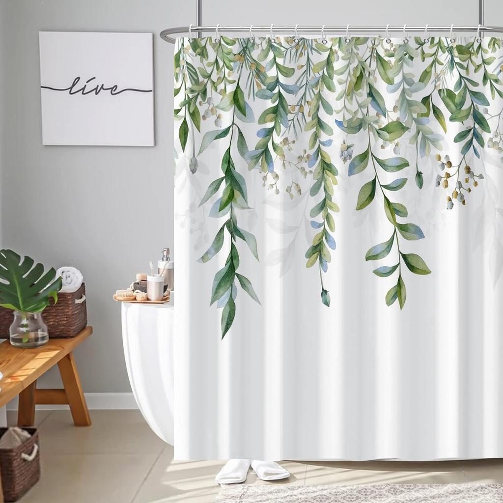 Green Leaf Plant Shower Curtain Leaves Pink Flower Bird Butterfly Potted Plants Botanical Bathroom Decor Polyester Bath Curtain