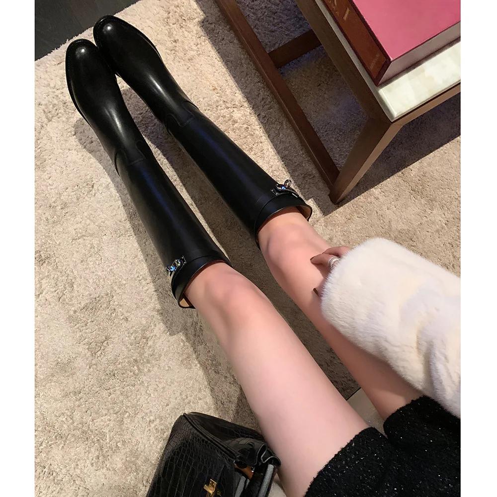 2024 Hot Seller New Round Head Metal Buckle Thigh-high Boots for Women Winter But Knee-wide Casual Mid-height Boots Women Shoes