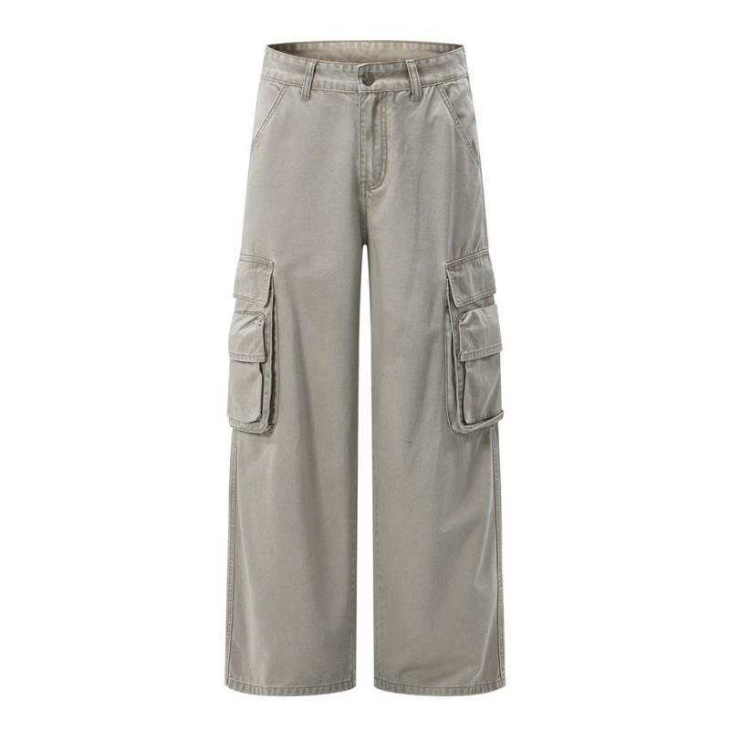 Mens Loose Straight Leg Cargo Pants Streetwear Vintage Multi-Pocket Casual Trousers