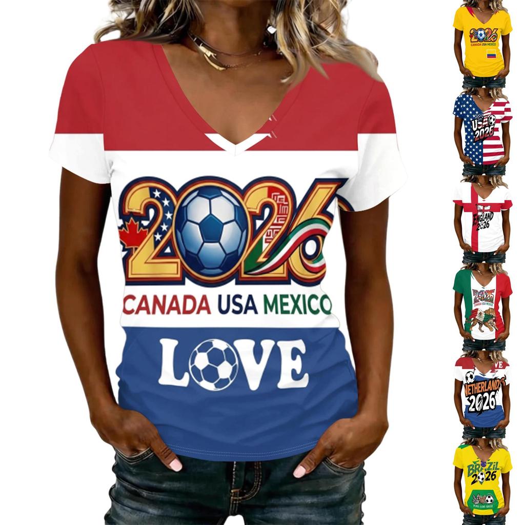 Women's V Neck Lightweight Short Sleeve Top Soccer Inspired Print Casual Summer Shirt for Canada USA Mexico Fans