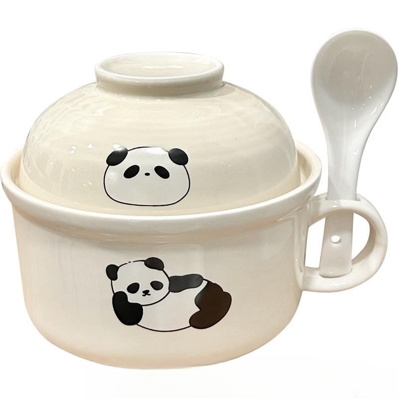 Panda Ceramic Noodle Bowl with Lid and Spoon