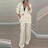 Women's Oversized Blazer Suit Set, Two Piece Wide Leg Pant Suit with White Trim