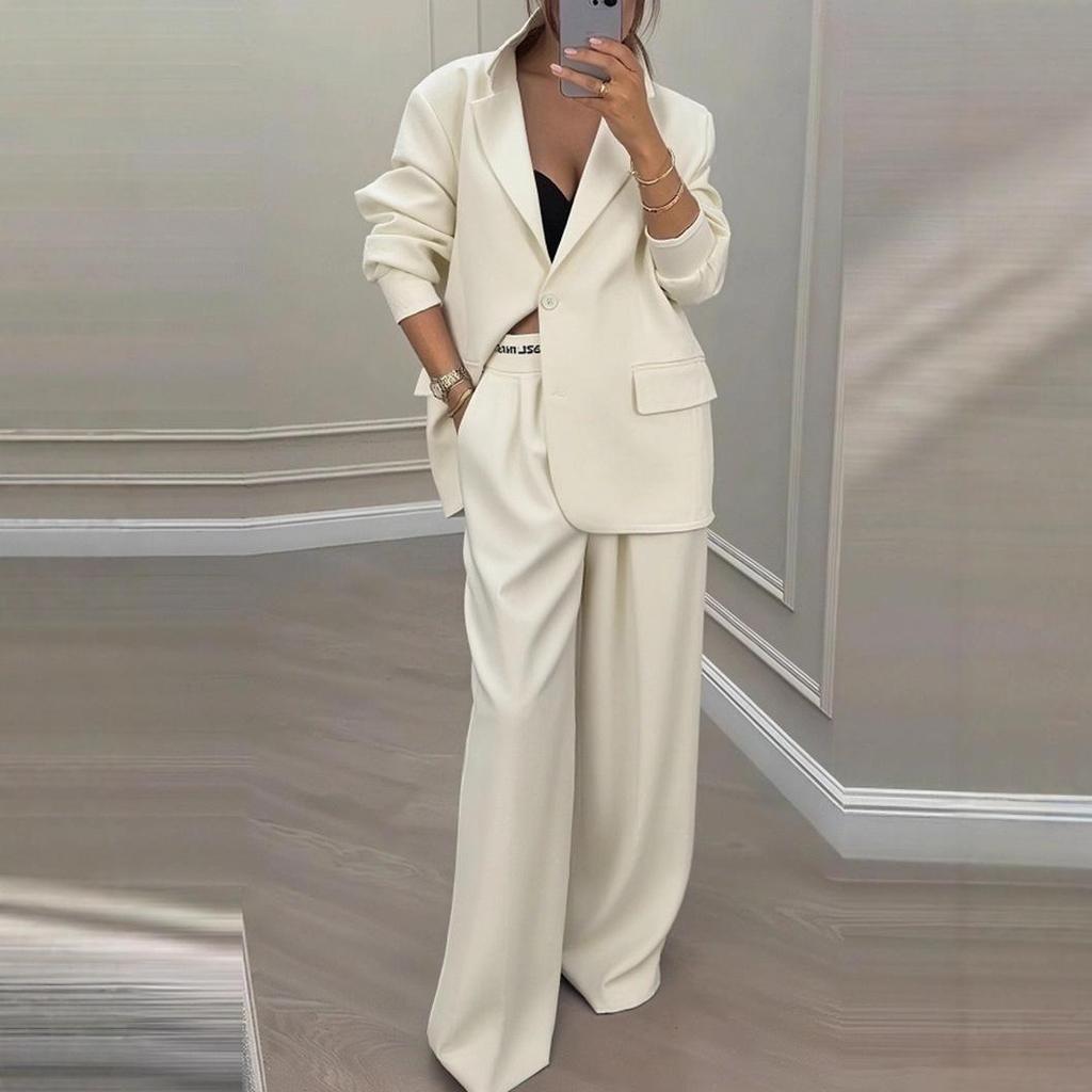 Women's Oversized Blazer Suit Set, Two Piece Wide Leg Pant Suit with White Trim