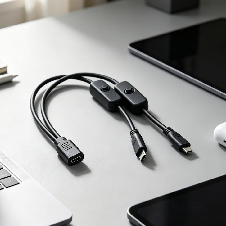 USB C Female Input to Two Male Output Power Cable with Separate On/Off Control, Integrated Assembly, 5V Rating, and Support for Two-Device Power Cord
