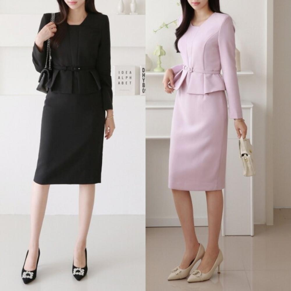 Style Latte Belted Pintuck Peplum H Line Midi Dress