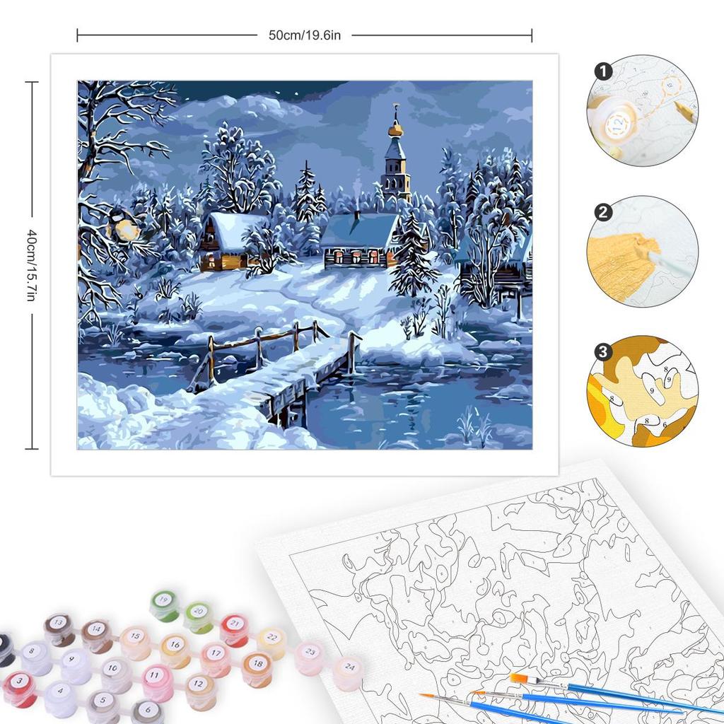 Rahmenmalen nach Zahlen für Starter-Set, Schneehaus, Landschaft, Weihnachtsgeschenk, Acrylfarbe auf Zahlen für Heimdekorationen, 40 x 50 cm
