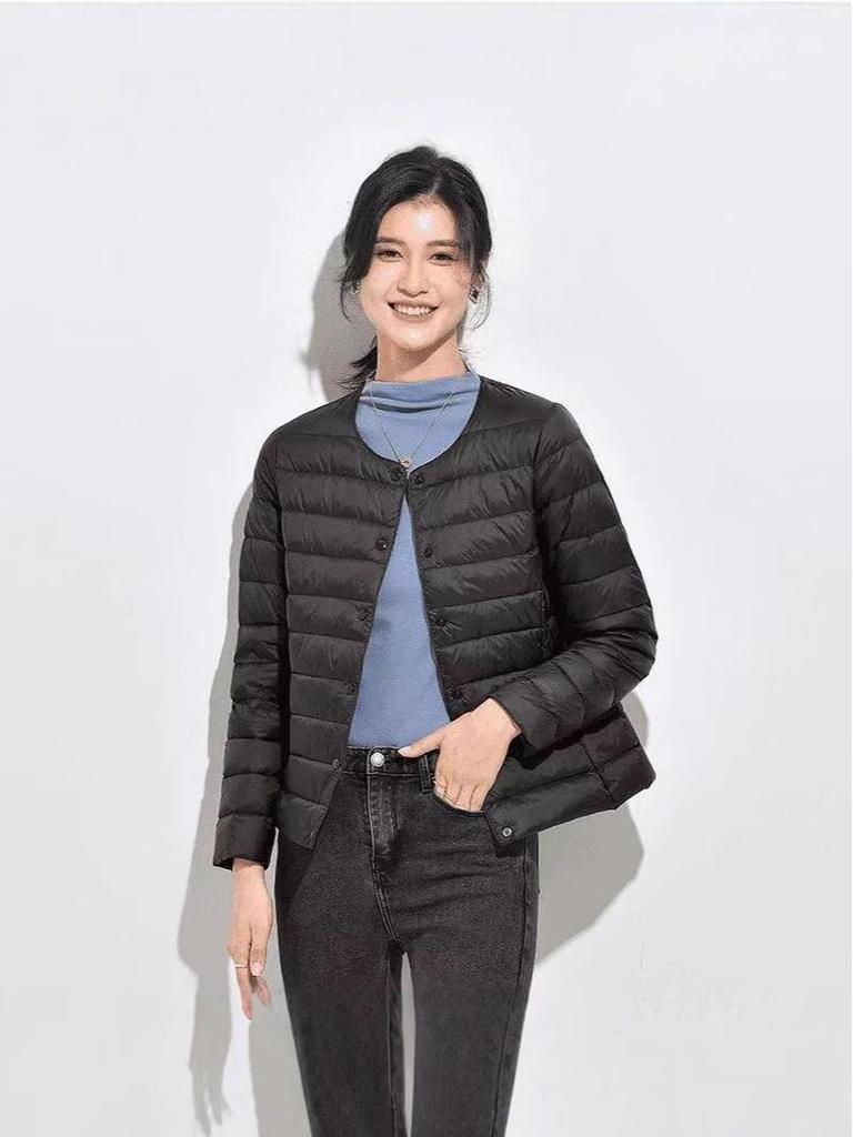 Women's 2025 Lightweight White Duck Down Ribbed Jacket - Warm Round Neck Short Coat