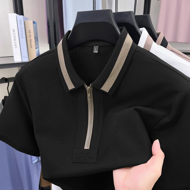 Simple And Atmospheric Splicing Retro Half-Zipper Shirt Medium Men'S Polo Shirt Short-Sleeved Loose