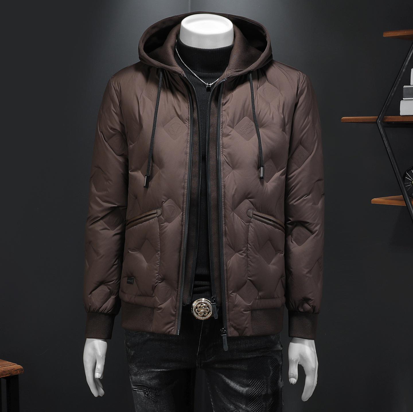 

European 2025 High-End Hooded Winter Down Jacket with Hidden Pattern & Detachable Hood 3XL кавовий