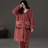 nightgown women's buckle autumn and winter thickened fleece flannel long pajamas coral fleece thermal bathrobe morning gown with pants