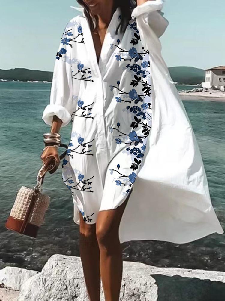Trendy 3D Floral Print Lapel Long Sleeve Dress