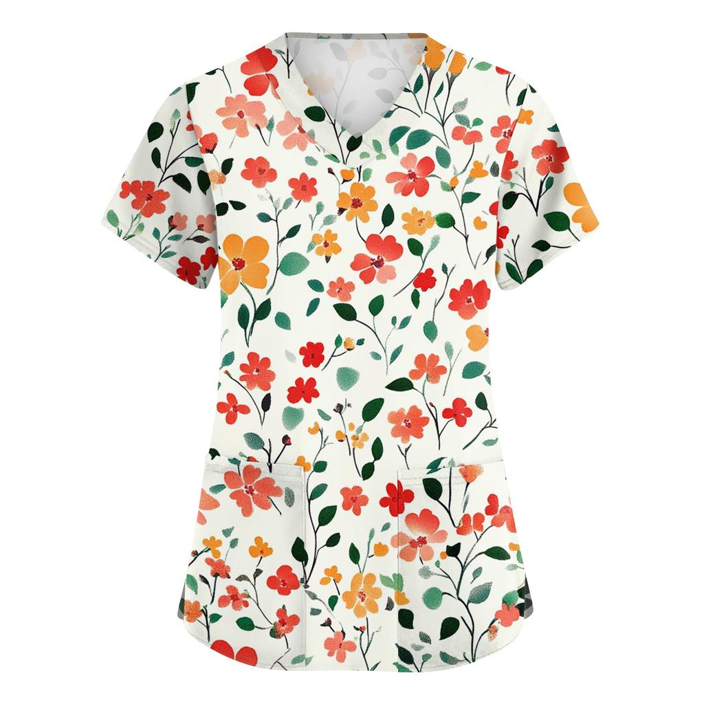 Women's Fashionable V-neck Workwear Printed Short Sleeved Pocket Side Slit Workwear Basic Pullover Top