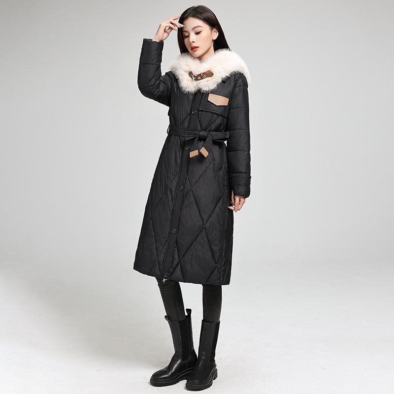 Elegantní a zeštíhlující dlouhý péřový kabát s velkým kožešinovým límcem pro dámskou zimní módu